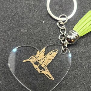 Hand Crafted Keychain Hummingbird Green Silver Bag Charm,  Zipper Pull Tassel